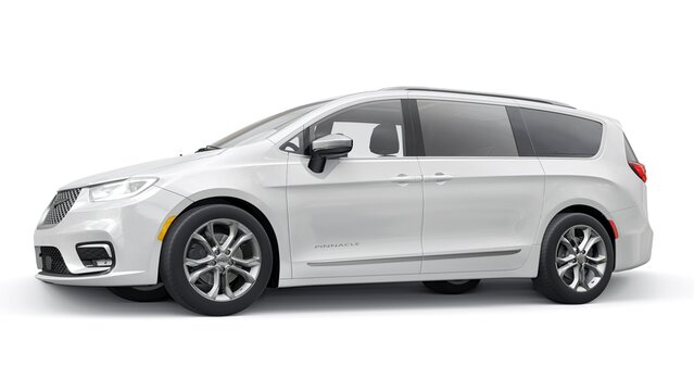 Dallas, USA. October 18, 2022. Chrysler Pacifica 2022. Big white modern family minivan. 3d rendering