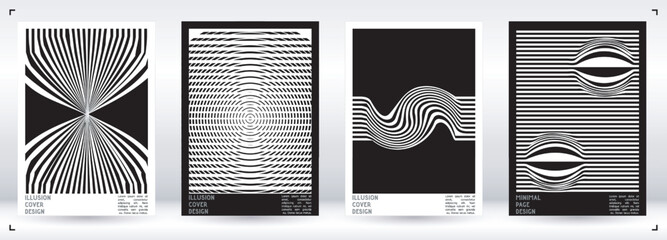 Geometrical Poster Design with Optical Illusion Effect. Minimal Psychedelic Cover Page Collection. Monochrome Wave Lines Background. Fluid Stripes Art. Swiss Design. Vector Illustration for Placard.