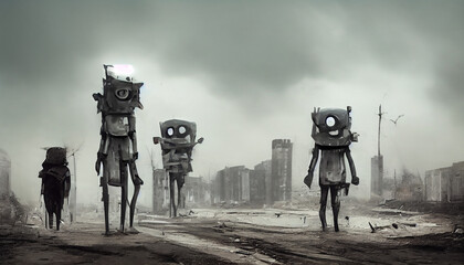 Fototapeta premium robots walking in the desolated city, doom, sadness, empty buildings, catastrophe doom