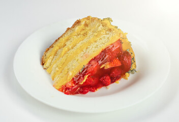 A sweet piece of strawberry cake on a white plate. A plate on white isolate with a piece of cream cake. Go on a diet. Enjoy a sweet cake.