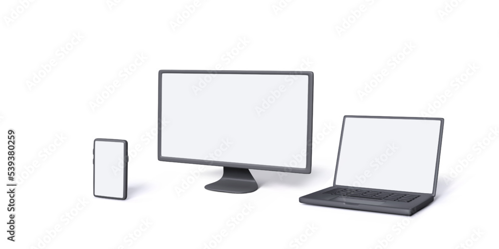 Poster laptop pc monitor and smartphone mock up. 3d gadgets set. realistic computer devices template for bu