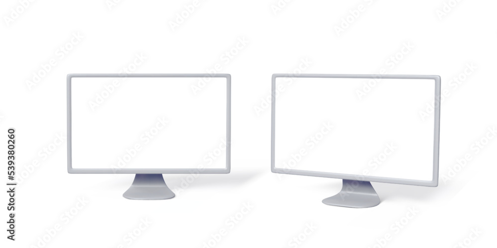 Poster pc monitors with white empty screens. computer 3d monitor mock up in silver colors. modern lcd gadge