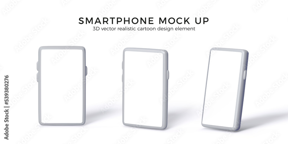 Poster smartphone mock up different view 3d render with white screen. set of realistic mobile phones with e