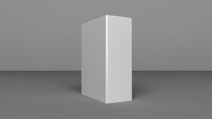 Package blank white box mockup. Empty white box packaging. Product packaging display on white room background. Blank empty product mockup. 3D rendering.
