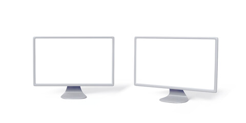 PC monitors with white empty screens. Computer 3D monitor mock up in silver colors. Modern lcd gadgets for business banners