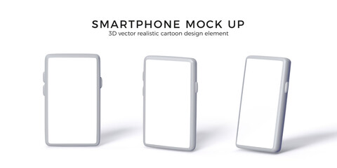 Smartphone mock up different view 3D render with white screen. Set of realistic mobile phones with empty display and shadow