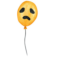 Watercolor creepy Halloween balloons with scary faces, for party Isolated illustration on transparent background. Happy orange holiday air flying balloon PNG file