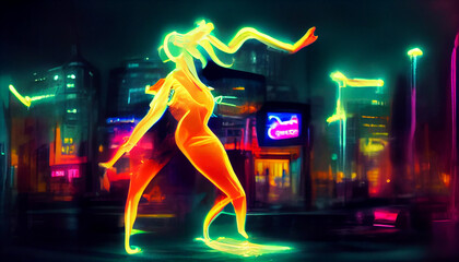 Fototapeta na wymiar a dancing woman in the night, colorful city lights, expression of emotions, happy passionate dance solo