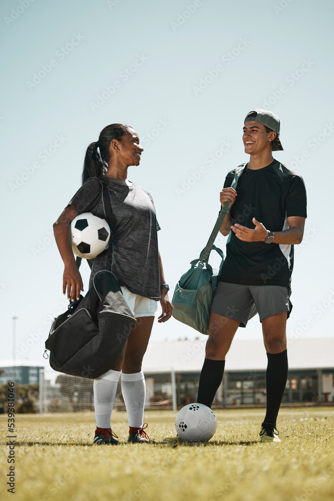 Poster Soccer ball, woman or man on grass field after fitness, training or exercise for competition game or match. Smile, happy or talking football players, sports people or team after energy health workout