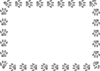 Rectangle frame with cat or dog paw foot print. Template for greeting or invitation card. PNG

