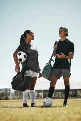 Soccer ball, woman or man on grass field after fitness, training or exercise for competition game...