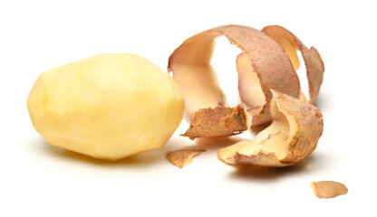 peeled raw potatoes close-up, the object is isolated on a white background