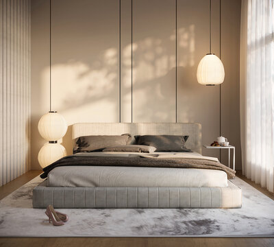 Modern cozy bedroom interior design in light beige with stylish lamps sunny day