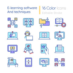 Elearning software and techniques RGB color icons set. Online education. Isolated raster illustrations. Simple filled line drawings collection