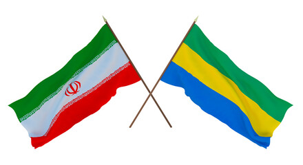 Background, 3D render for designers, illustrators. National Independence Day. Flags Iran and Gobon
