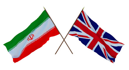Background, 3D render for designers, illustrators. National Independence Day. Flags Iran and Great Britain