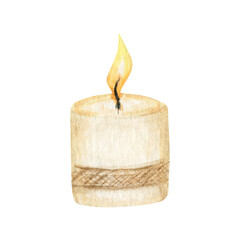 Christmas Candle with flame. Watercolor burning wax candle Isolated illustration on transparent background PNG. Faith or religion symbol
