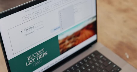 Laptop screen, travel website and hands typing Barcelona information in search engine for vacation planning, budget quote or online application. Web design ux ui contact us, booking or digital ticket