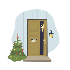 X-Mas decorated home front door. Christmas tree by the house door with Wreath and Deco for party. Postcard, invitation or poser for new year and Merry Christmas.