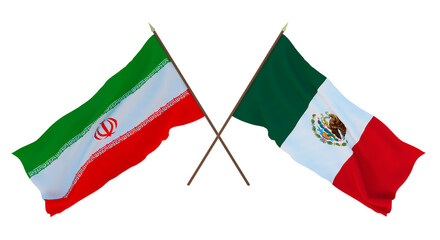 Background, 3D render for designers, illustrators. National Independence Day. Flags Iran and Mexico