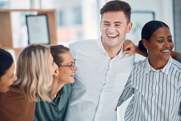 Business people, laughing or team building diversity in office, company or startup for...
