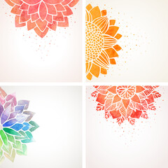 Set of vector templates or backgrounds with watercolor floral pattern, red and rainbow flower mandala