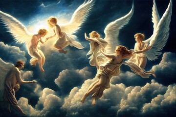 illustration of angels in heaven - obrazy, fototapety, plakaty