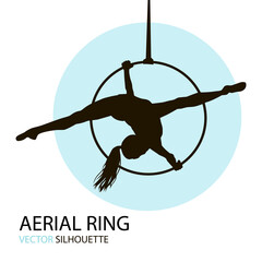 Silhouettes of a gymnast with the aerial ring. Vector illustration on white background. Air gymnastics 