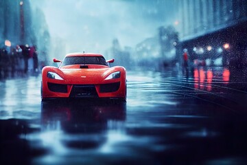 Modern race car riding through at the city street, blurred motion. Beautiful illustration generated by Ai, is not based on any real image or character