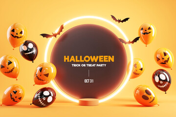 Happy Halloween trick or treat party with halloween ghost balloons on orange color background, 3d rendering.