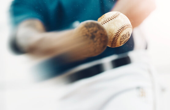 Baseball, Sports And Training Where A Bat Hit A Ball Closeup For Exercise, Fitness Or A Workout. Homerun, Score And Health With A Man Athlete In A Game Or Match Swings And Hits For Points Scoring