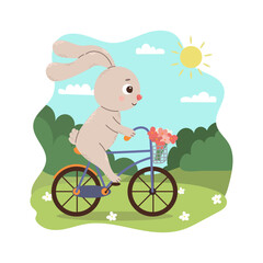 Cartoon rabbit biking in nature in flat style.