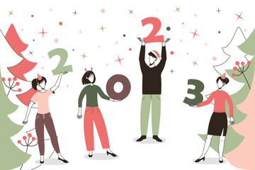 Happy people hold 2023 numbers, celebrate New Year holiday. Banner with merry joyful men and women rejoicing at festive winter party. Colored flat vector illustration isolated on white background