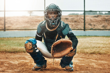 Baseball, catcher and sports with man on field at pitchers plate for games, fitness and health in...