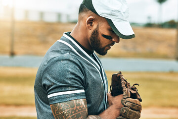 Man, baseball and glove with focus, game and determination as fielder, pitcher or baseball player. Athlete, sport and training for wellness, fitness and health in competition, sports or match outdoor