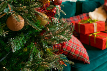 Winter decor Christmas holidays, balls and toys hanging on branches create a mood for the new year. Close-up and selective focus, christmas and new year concept