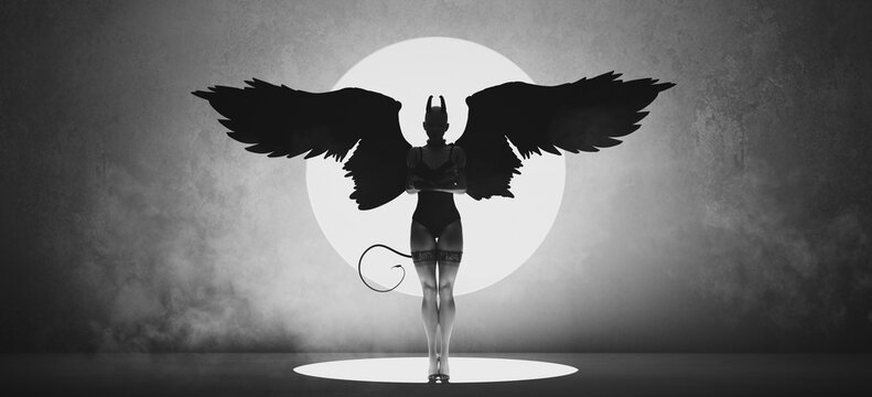 Devil Woman Black With Wings Horns Tail Halloween Horror Silhouette Arms Crossed Black and White 3d illustration render