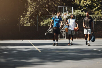 Diversity, friends and sports on basketball court, training fitness exercise in New York and happy...