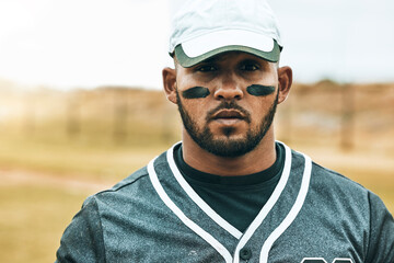 Baseball, man and paint face portrait, eye black or grease to reduce sun glare during training,...