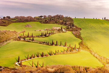 Typical landscape in spring at La Foce in the Val d'Orcia in Tuscany, Italy.