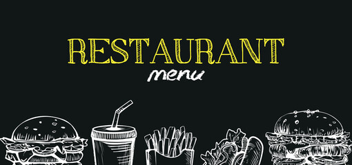 Fast food menu icons skech style. Menu poster design with chalkboard elements. Can be used for layout, banner, web design, brochure template. Vector illustration.