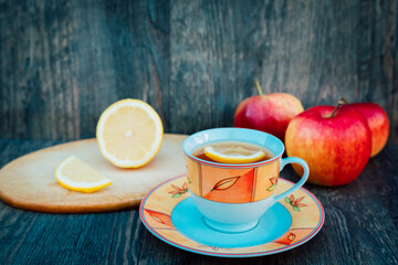 Healthy tea with lemon and apples. Vitamins, proper nutrition, health
