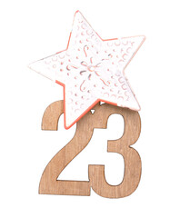 Wooden number twenty three, twenty third December, Advent calendar, wooden number on a transparent background