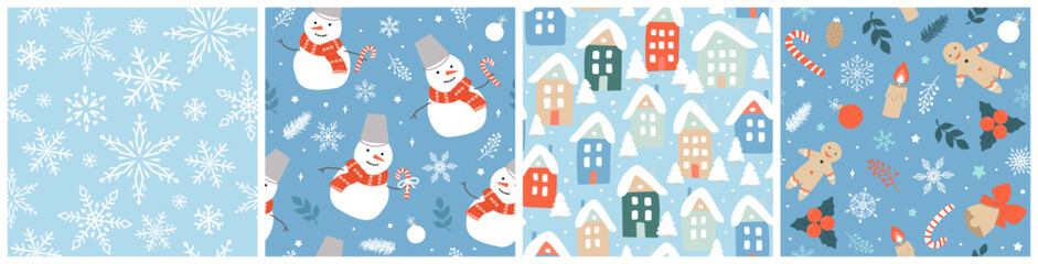 Set of seamless cute Christmas patterns. Modern flat vector illustrations for wrapping paper, fabrics.