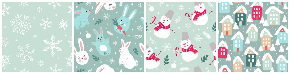 Set of seamless cute Christmas patterns. Modern flat vector illustrations for wrapping paper, fabrics.