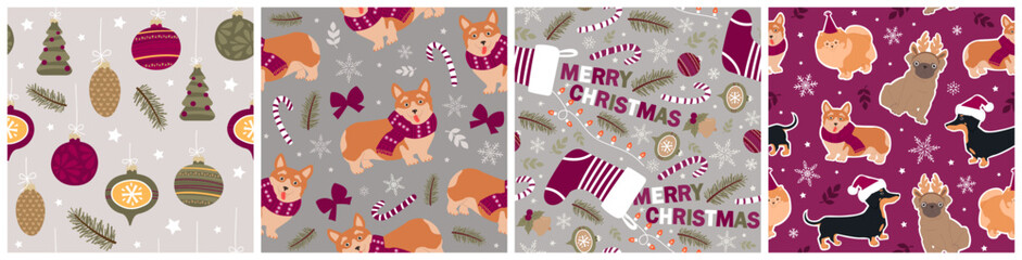 Obraz premium Set of Christmas seamless patterns with the cutest funny dogs. Modern vector illustrations for wrapping paper, wallpapers, fabrics, postcards.