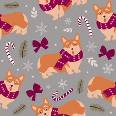 Seamless pattern of cute dogs and Christmas elements. Modern flat illustration for wrapping paper.