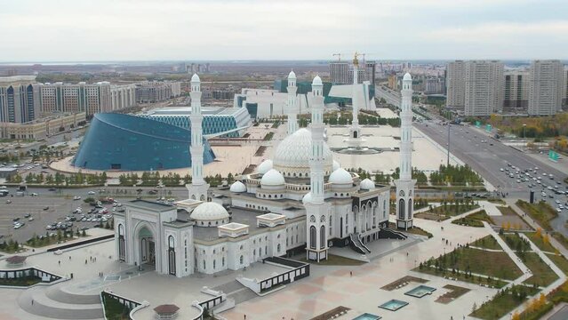 October 15, 2022 Astana, Republic of Kazakhstan: Landmark of the city Nur-Astana Mosque aerial shot from a drone