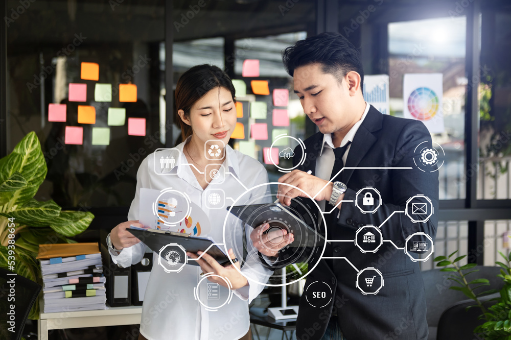 Poster working team meeting concept, business using laptop and smart phone and digital tablet computer with