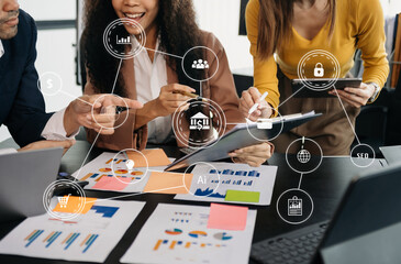 Business team partnership meeting concept. Business hand using laptop, tablet and smartphone  in...